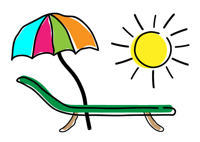 Piktogramm mit Sonnenliege, Sonnenschirm und Sonne