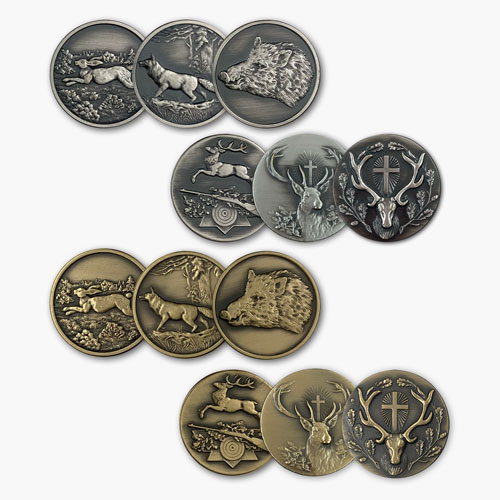 6 Embleme für Jagdkette »Wappen« in bronze und altsilber