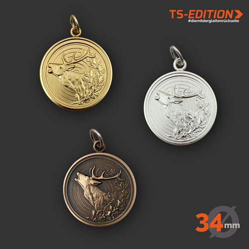 Jagdmedaille „TS-EDITION“ – Motiv HIRSCH MIT DOPPELRAND (34 mm) in 3 Farbvarianten