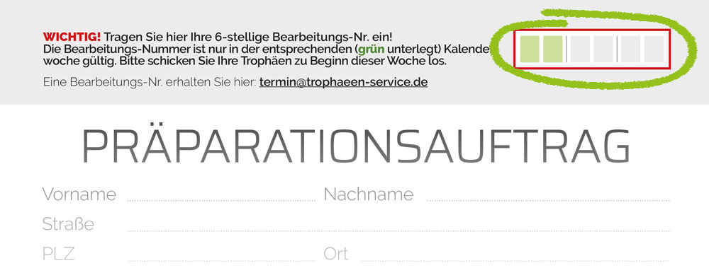 Ausschnitt vom Präparationsauftrag mit 6-stelliger Bearbeitungsnummer