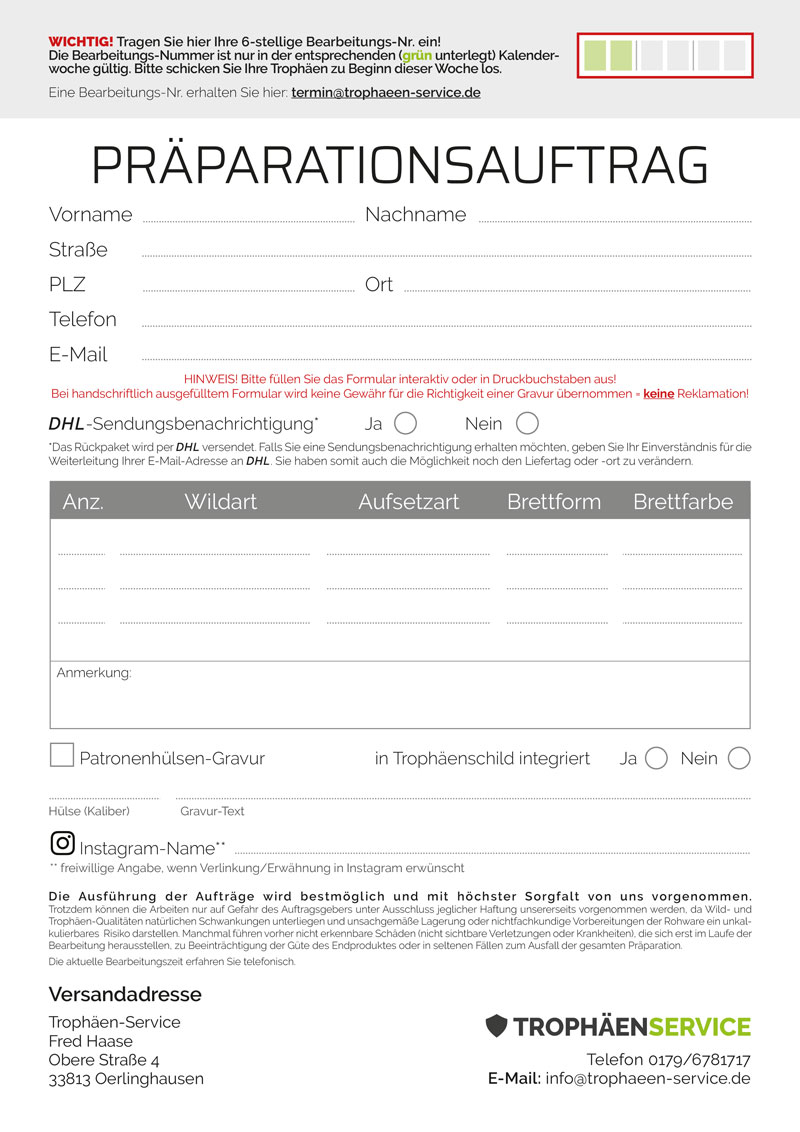 Auftragsformular für Trophäen-Präparation