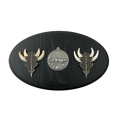 2er Fuchshaken-Collage mit Fuchs-Medaille in altsilber