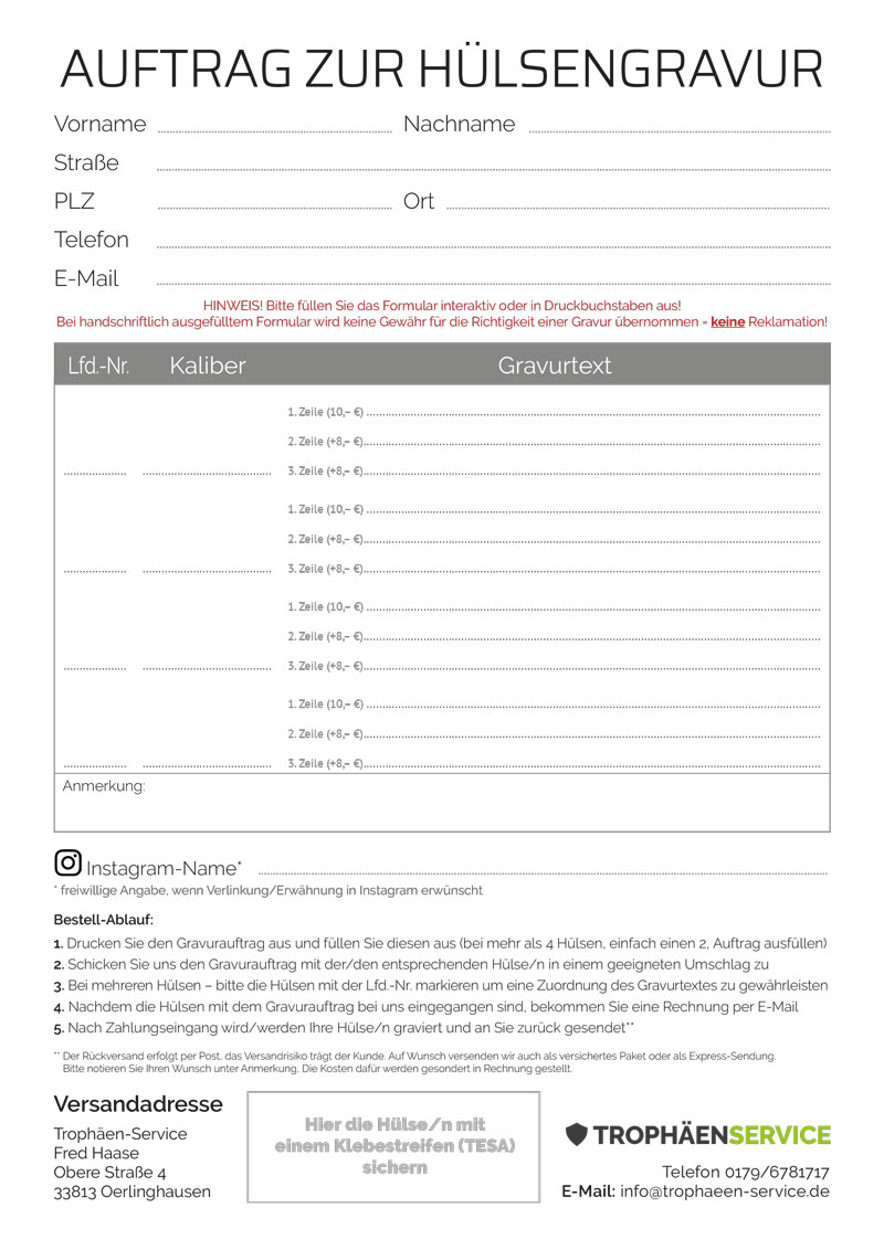 Auftragsformular zur Hülsengravur