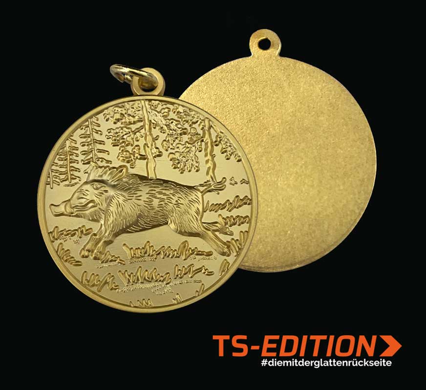 Jagdmedaille Motiv KEILER goldfarbig mit glatter Rückseite